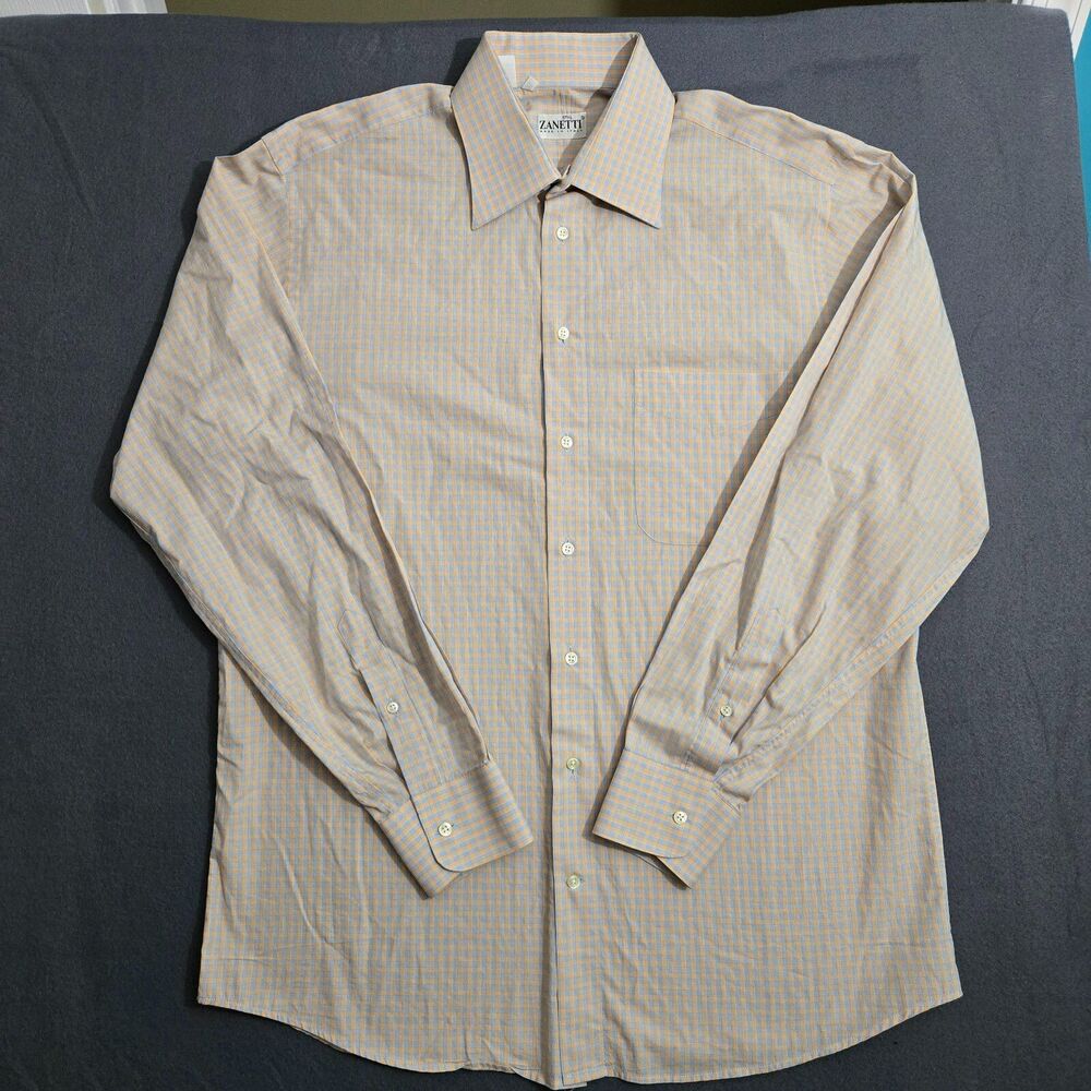 Zanetti Men 42 16.5 Orange Blue Check Button Up Long Sleeve Dress Shirt Office
